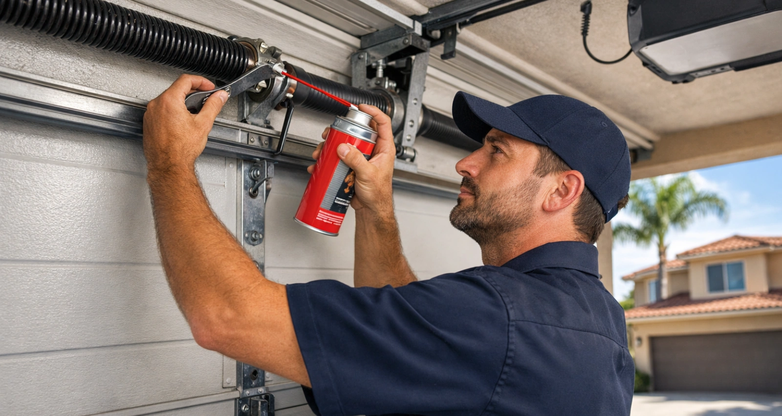 Garage door rollers and hinges being lubricated during maintenance