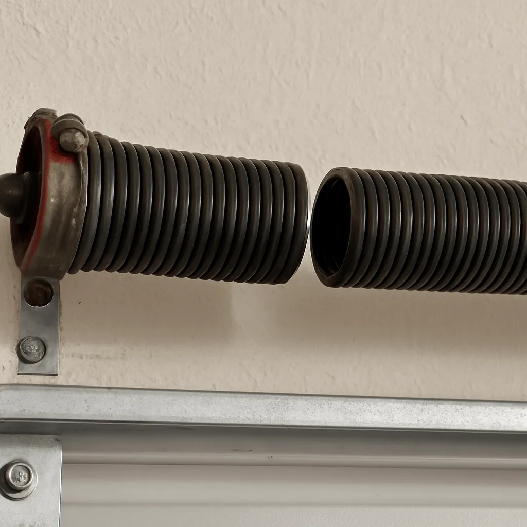 Closeup of garage door torsion spring coils showing wear