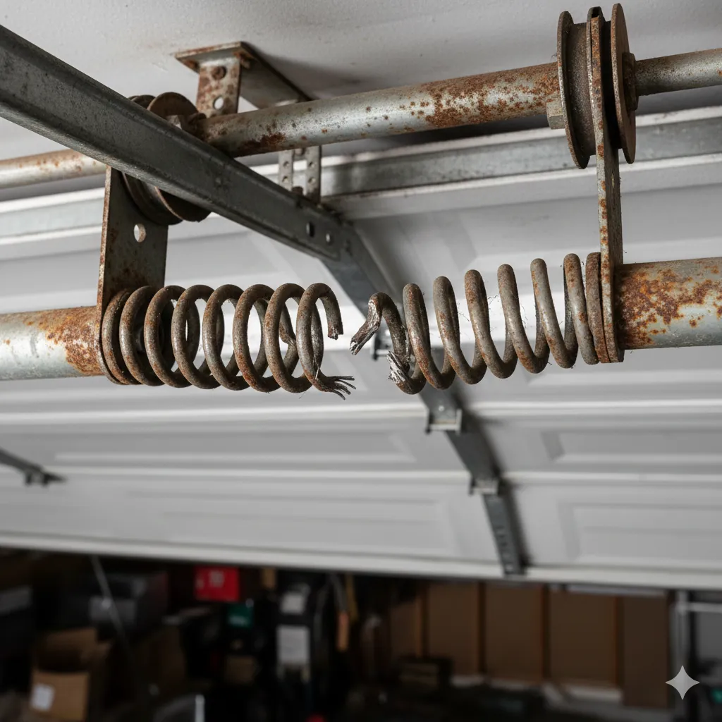 Broken garage door spring closeup showing metal fatigue