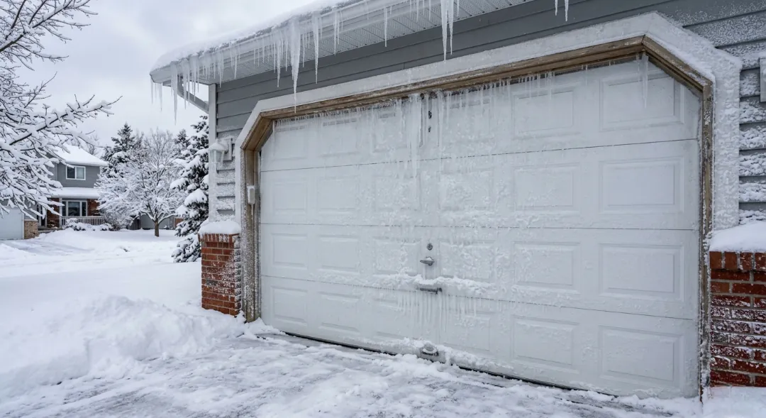 Garage door with ice buildup in freezing weather