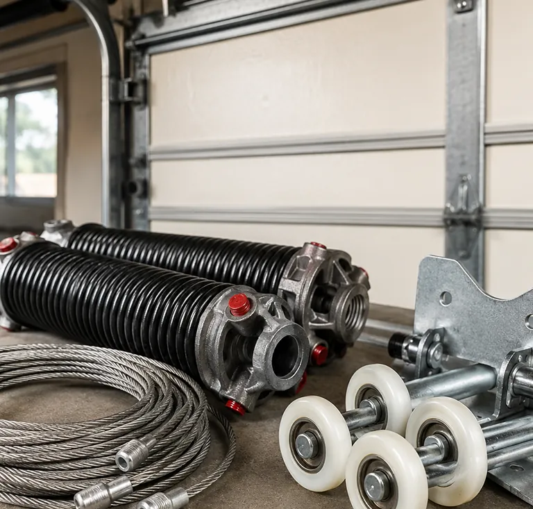 Garage door hardware parts including rollers and brackets