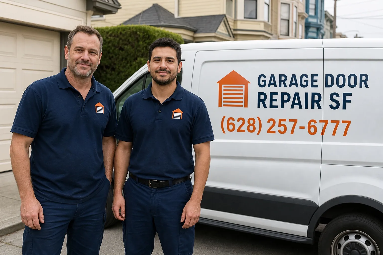 Garage door technician service van at a job site