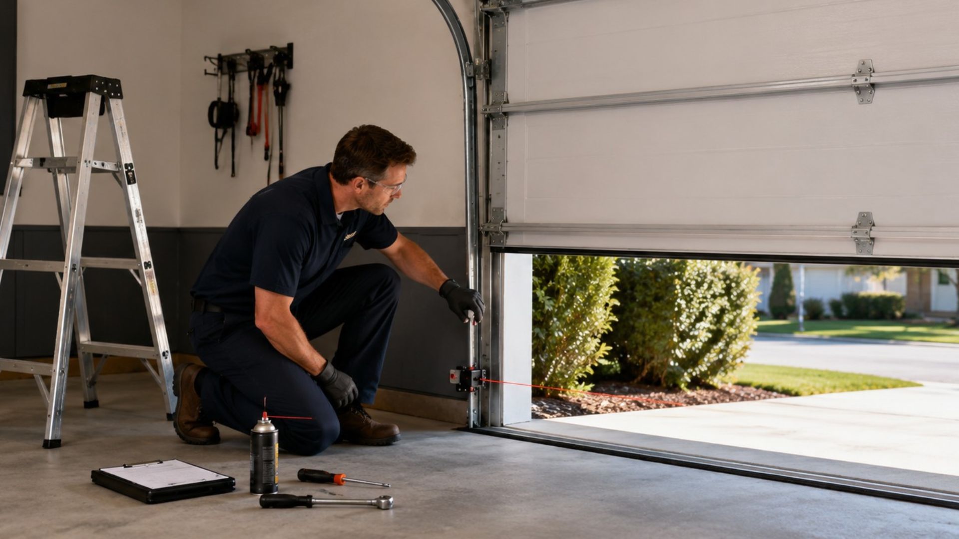 Annual garage door tune up service in progress