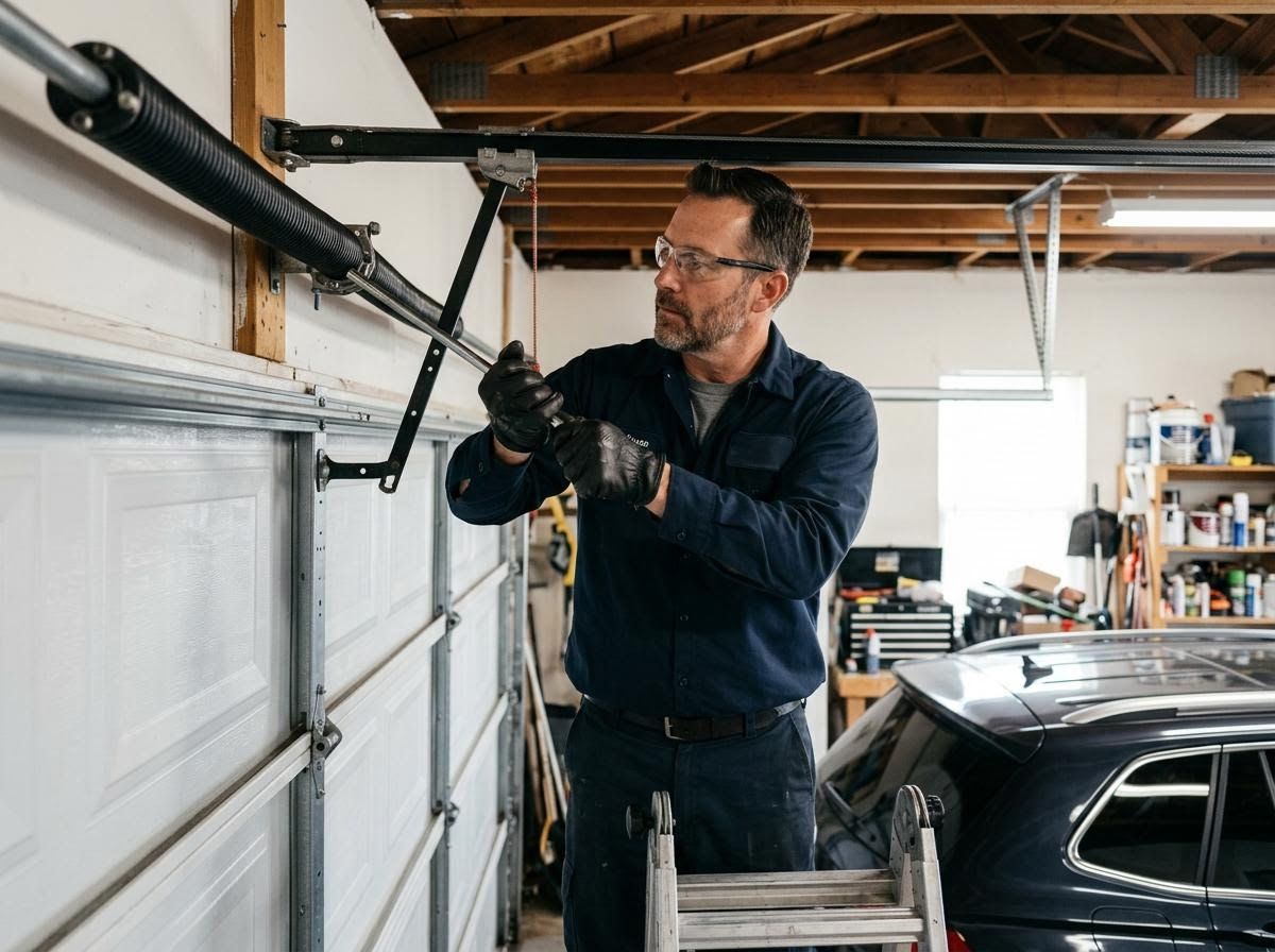 Technician performing a garage door safety inspection