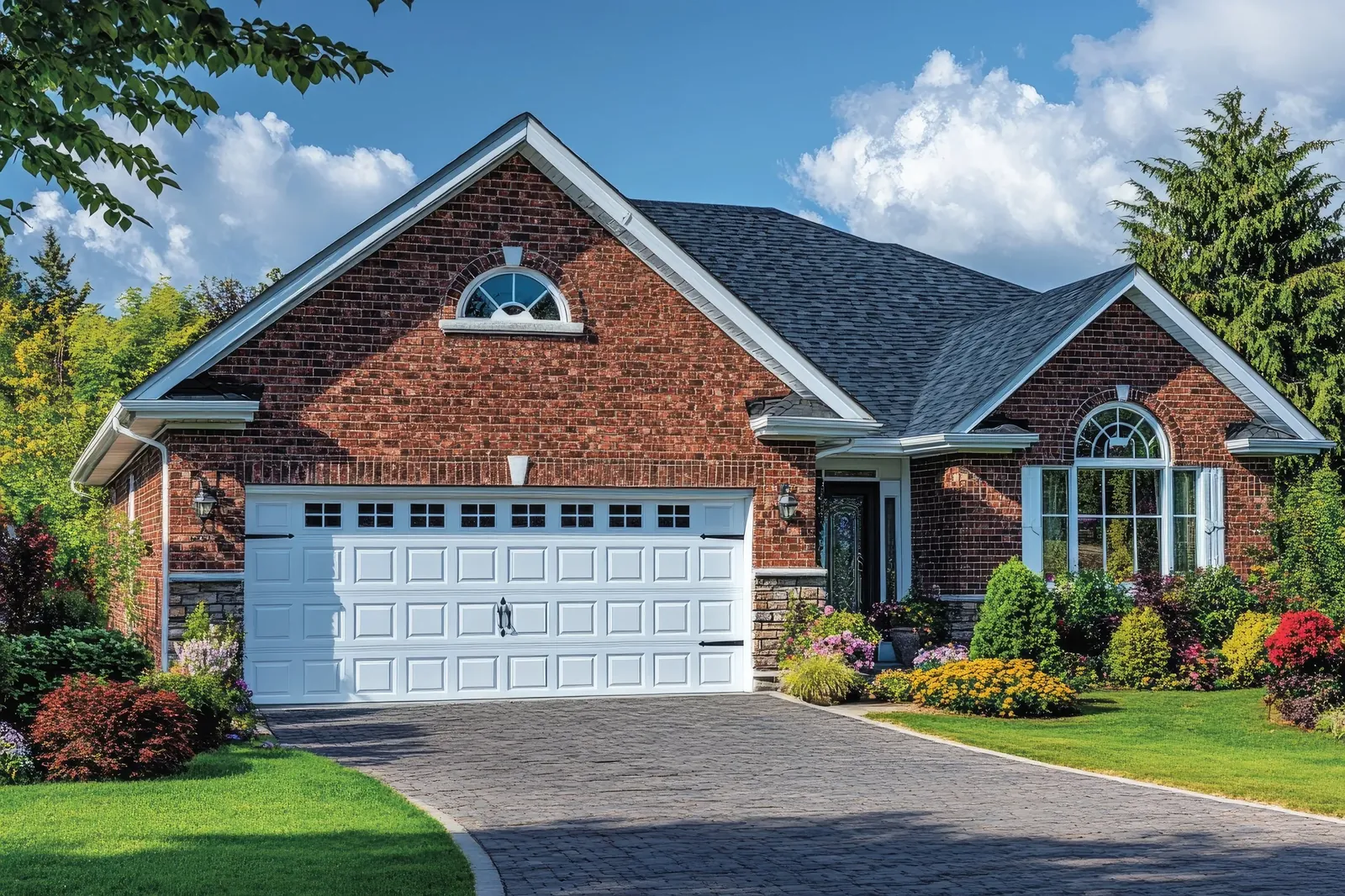 Brick home with white garage door in Stonegate Bedford Texas