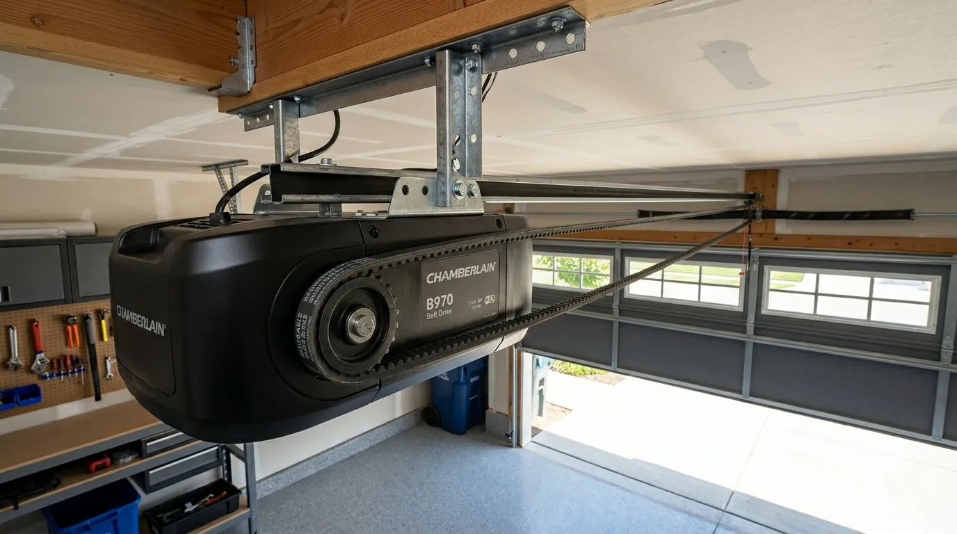 Modern belt drive garage door opener motor closeup