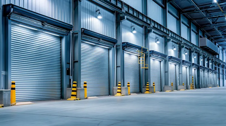 Modern roll up garage doors on a commercial building