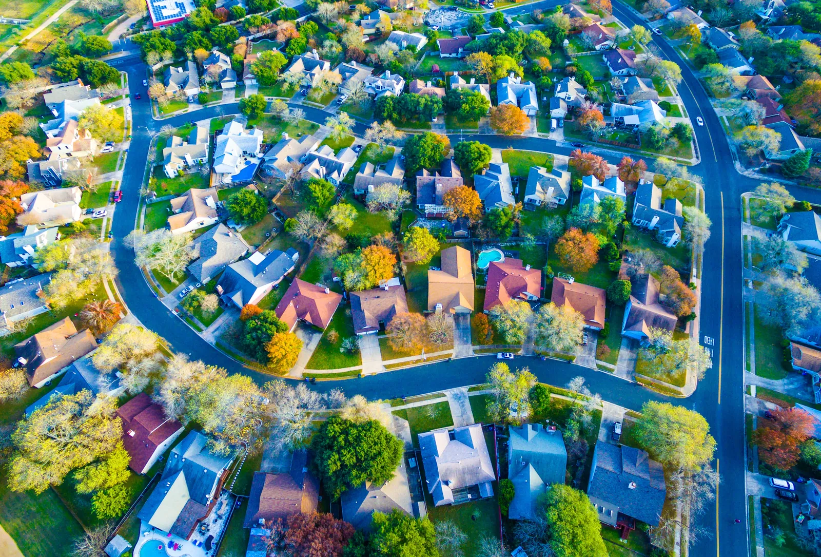 Aerial view of a Bedford Texas suburban neighborhood