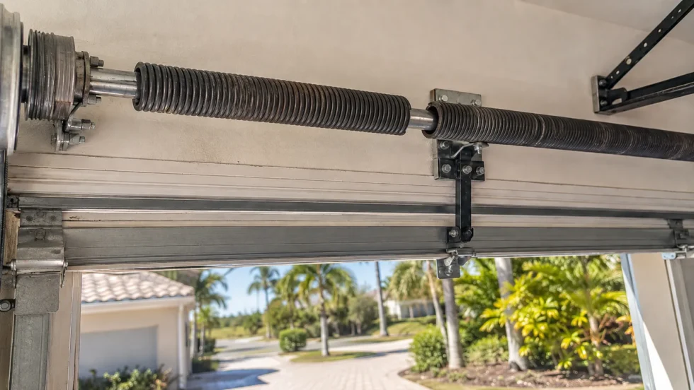 Close view of garage door torsion springs mounted above the door opening